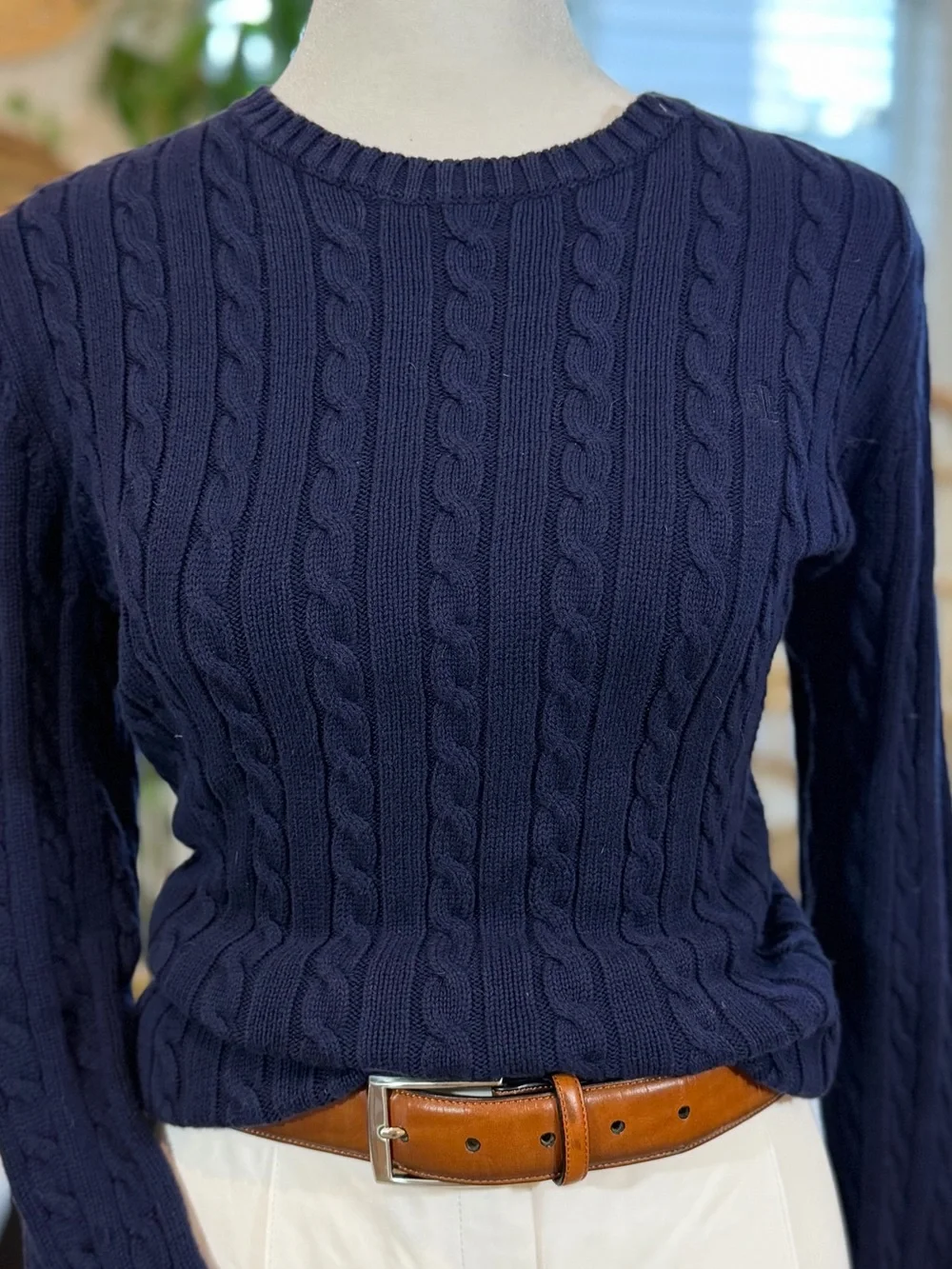 Lauren Ralph Lauren Navy Cable Knit Sweater S 100% Cotton RL Logo Old Money Fall